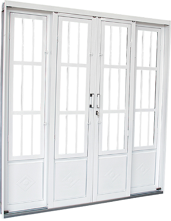 Porta De Correr 4 Folhas Em Aço Branco Com Grade Madri C/ Fechadura C/ Vdr. Liso Incolor Req. 13 Cm - Brasil Esquadrias - Inove