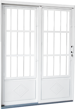 Porta De Correr 2 Folhas (1 Fixa) Em Aço Branco Com Grade Madri C/ Vdr. Liso Incolor  Req. 13 Cm - Brasil Esquadrias - Inove
