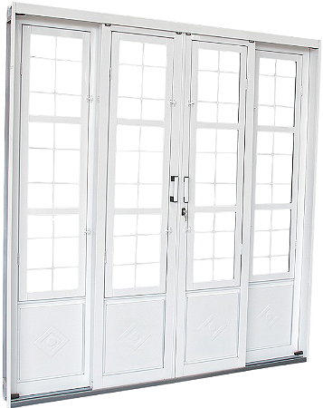 Porta De Correr 4 Folhas Em Aço Branco Com Grade Quadriculada C/ Fechadura C/ Vdr. Liso Incolor Req. 13 Cm - Brasil Esquadrias - Inove