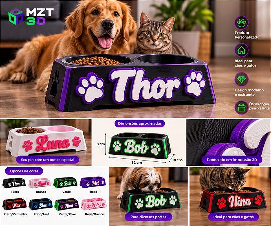 Comedouro Duplo Personalizado para Pet com Nome – MZT 3D