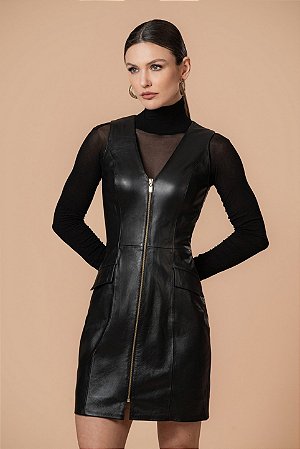 Vestido Curto Couro Pelica Zíper