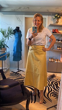 Saia midi de couro com cós drapeado