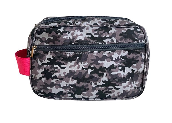 Necessaire Dupla camuflado cinza alça rosa