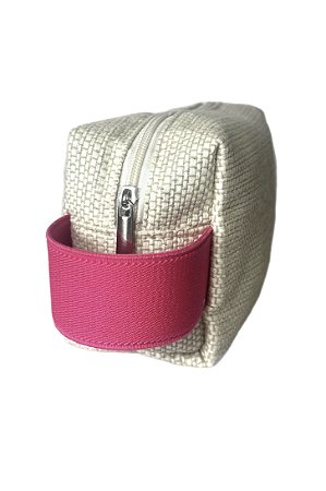 Necessaire Quadradinha palha alça rosa