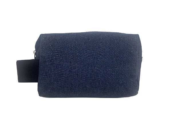 Necessaire Quadradinha jeans brilhante alça azul marinho