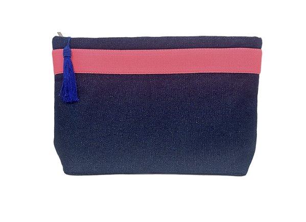 Necessaire Bahia jeans brilhante faixa pink