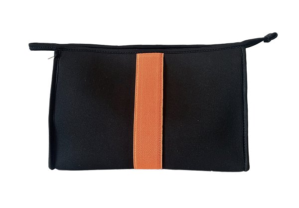 Necessaire Trancoso neoprene preto com faixa laranja