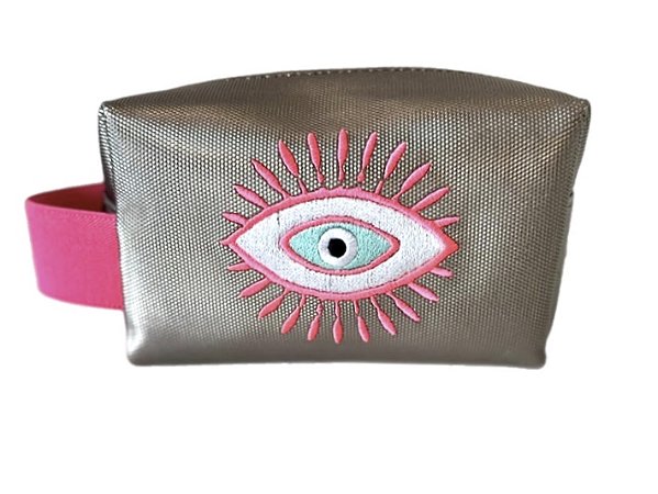 Necessaire Quadradinha prata velho olho grego pink