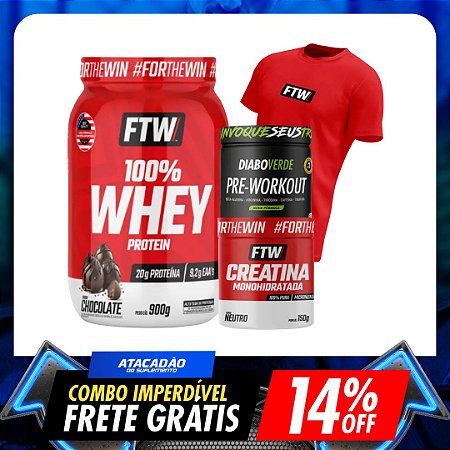 COMBO FTW: WHEY 100% 900G+CREATINA 150G+PRÉ TREINO 300G+BRINDE