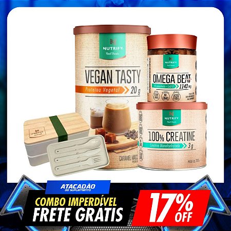 COMBO NUTRIFY: PROTEINA VEGANA 450G + 100% CREATINA 300G + OMEGA BEAT 60CAPS
