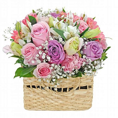 Arranjo na Sacola de  Palha Com Flores Diversas