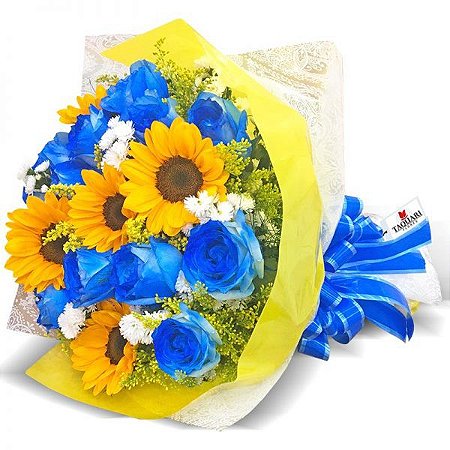 Buquê  de  Rosas Azuis e Girassóis