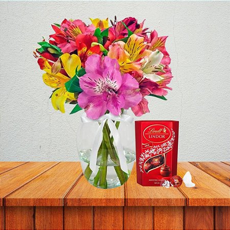 Mix de Astromélias Coloridas Com Chocolate Lindt
