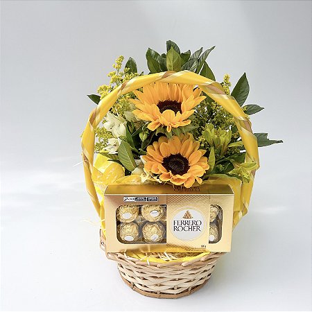 Cesta de Girassóis e Chocolate Ferrero Rocher
