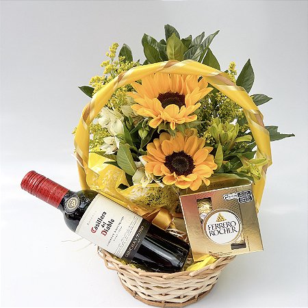Formosa cesta de Girassóis com Vinho & Chocolate