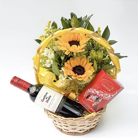 Radiante cesta de Girrasóis com Vinho & Lindt lindor
