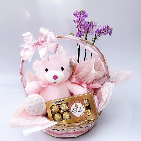 Cesta Elegância & Carinho – Mini Orquídea, Pelúcia e Chocolate