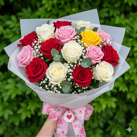 Buquê de 15 Rosas Coloridas: Celebração e Alegria
