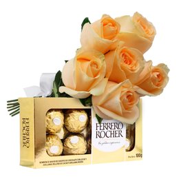 Buquê de 6 Rosas Champanhe e chocolate Ferrero Rocher