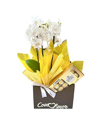 Mini Orquídea  Branca e Chocolates Ferrero Rocher