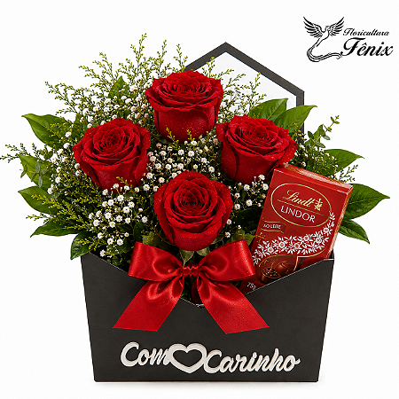 🌹 Envelope Elegance – 4 Rosas Vermelhas com Lindt 100G