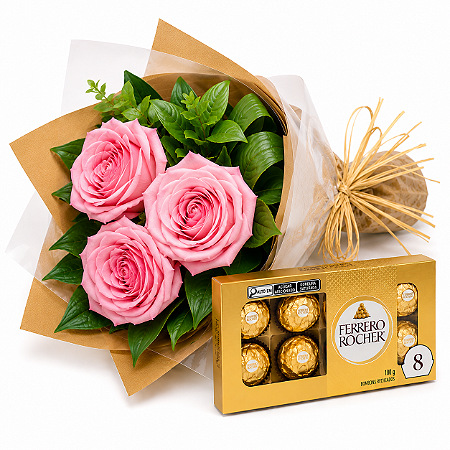 Mini Buquê de Rosas Cor de Rosa e Ferrero Rocher
