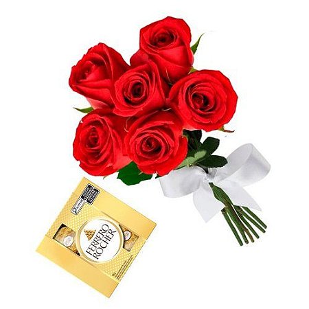 Buquê 6 Rosas com Ferrero Rocher 50 Gramas