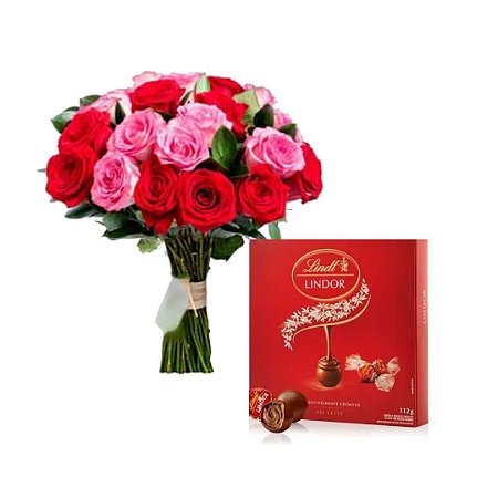Buquê de 24 Rosas Pink com Vermelhas e Lindt 112g
