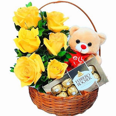 Cesta de Rosas com Pelúcia e Chocolate