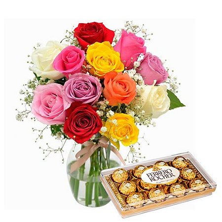 Elegância de Rosas Coloridas Com Chocolate Ferrero Rocher