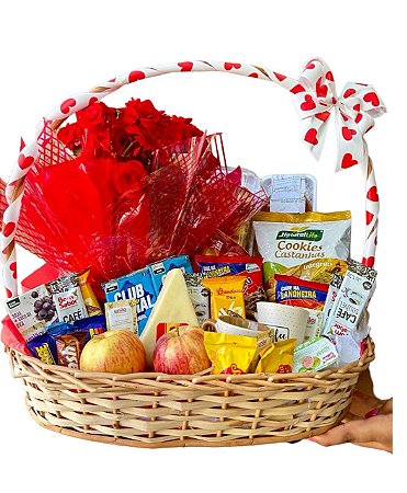 Luxuosa Cesta de Café da Manhã com Flores Para Casal