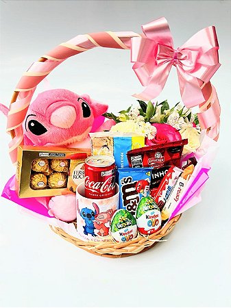 Cesta Especial de Chocolate, Flores & pelúcia Angel Stitch