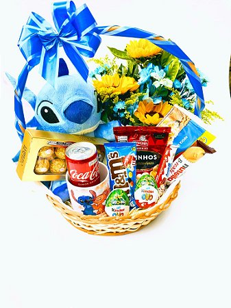 Cesta Brilho de Girassóis Com Lilo Stitch e Chocolates
