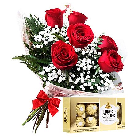 Buquê de 6 Rosas Vermelhas e Chocolate Ferrero Rocher 100G