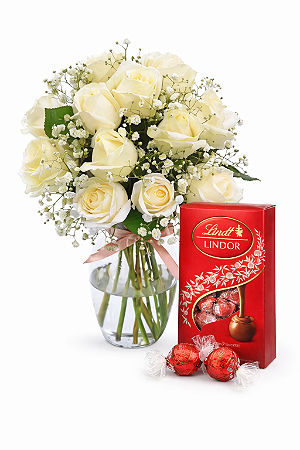 Elegância De Rosas Brancas Com Chocolate Lindt