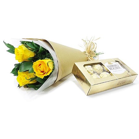 Mini Buquê de Rosas Amarelas e Chocolate Ferrero Rocher