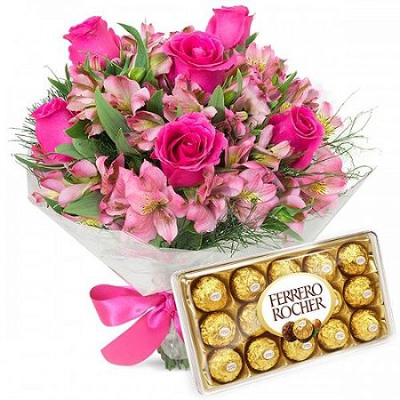 Buquê de Rosas Pink Com Astromélias e Chocolate Ferrero Rocher