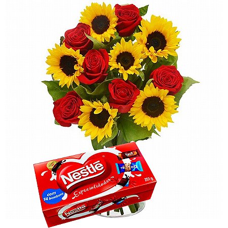 Buquê de Rosas Vermelhas e Girassois Com Chocolate