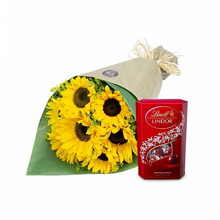 Sofisticado Buquê de 7 Girassois & Chocolate Lindt 75G
