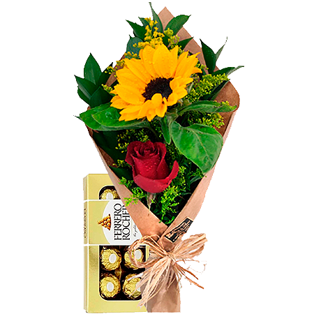 Ramalhete Dueto de Rosas e Girassol Com Chocolate