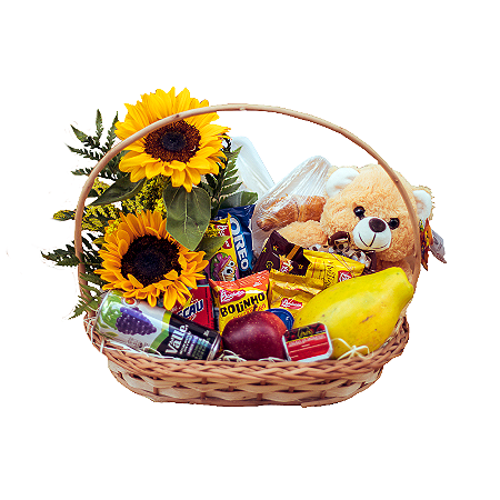 Cesta de Café da Manhã Com Dueto de Girassol e Pelúcia