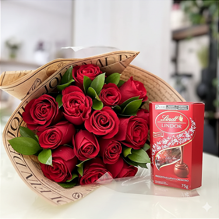 Buquê de 12 Rosas Vermelhas Com Chocolate Lindt 75g