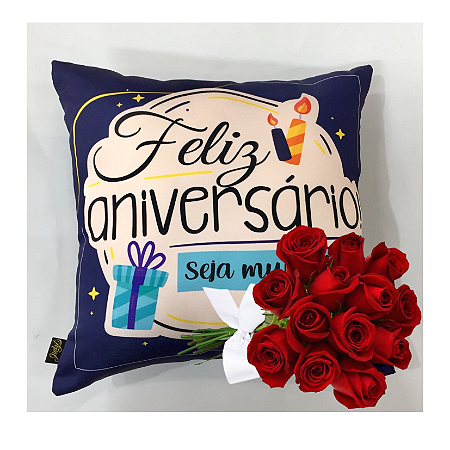 Buquê 12 Rosas Vermelhas + Almofada Feliz Aniversário