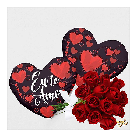 Buquê 12 Rosas Vermelhas + Almofada Amorosa