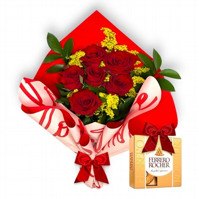 Buquê de 06 Rosas Vermelhas Com Ferrero Rocher