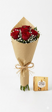 Buquê de 06 Rosas Vermelhas Com Ferrero Rocher