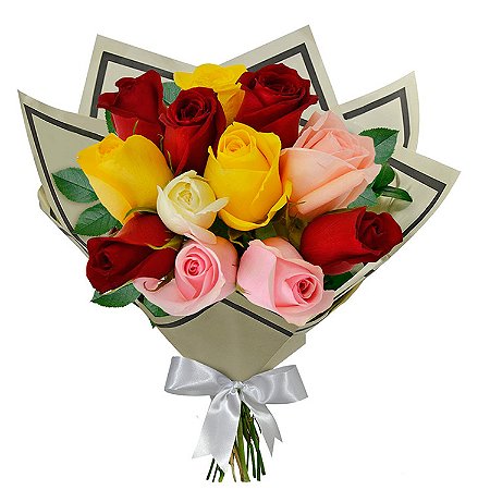 Buquê de 12 Rosas Coloridas Minimalista