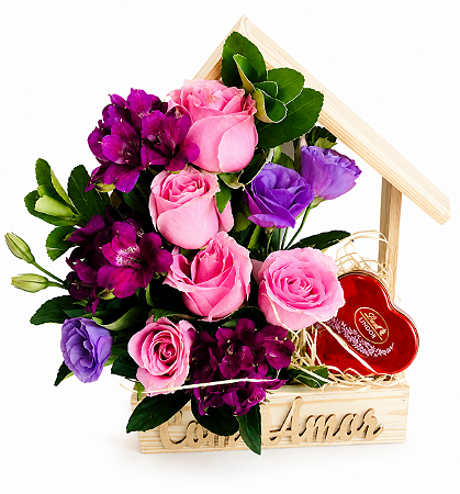 Arranjo Casa de Flores e Chocolate Lindt Heart