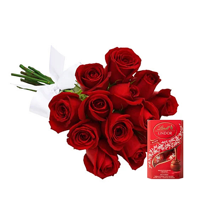 Buquê de 12 Rosas Vermelhas Com Chocolate Lindt