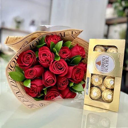 Buquê de 12 Rosas Vermelhas & Ferrero Rocher